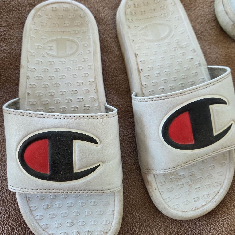 Champion White Slide Sandals with Black & Red Logo - Kids
